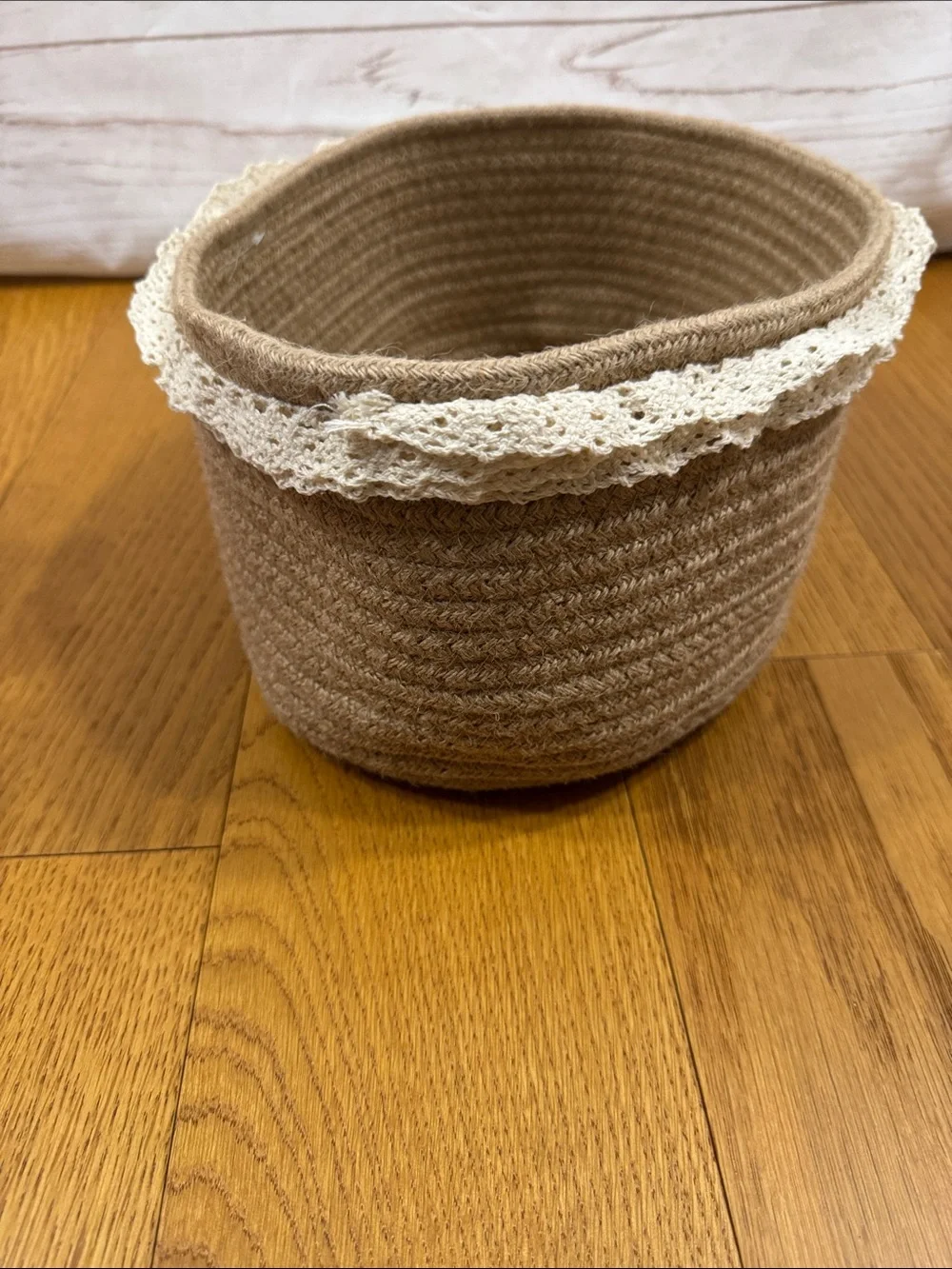 Small Brown Oval rope Storage Basket with Lace Trim